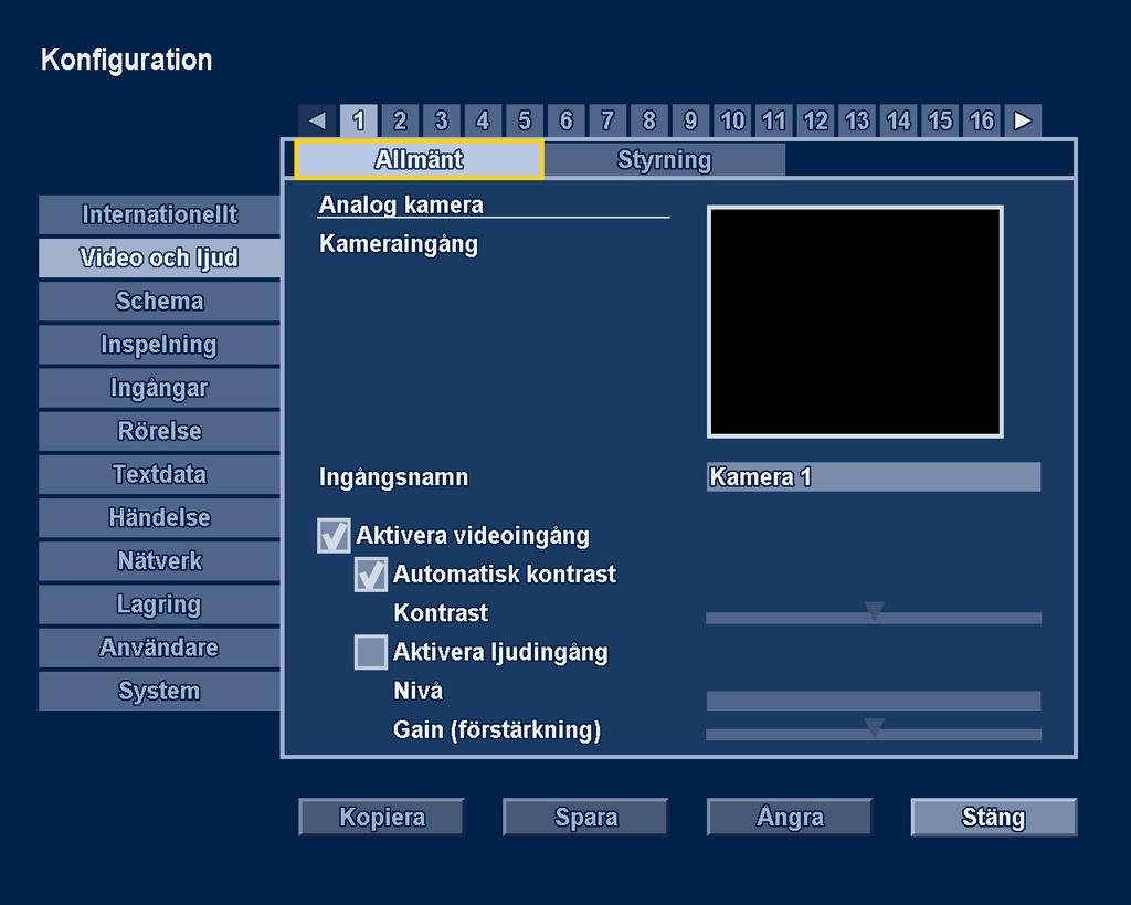 Divar 700-serien Avancerad konfiguration sv 71 6.2 Video och ljud Använd den här menyn när du vill konfigurera video- och ljudingångarna. För DHR 730-modeller avser flikarna 1-8 analoga kameror.