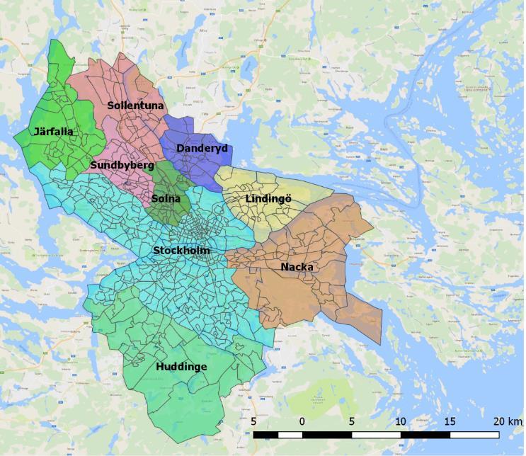 I Figur 2 visas indelningen av dessa SAMS-områden i Stor-Stockholmsområdet. Totalt har 717 SAMS-områden ingått i vår studie. Figur 2. SAMS-områden i Stor-Stockholm (t.v.) uppdelat på kommuner och i centrala Stockholm (t.