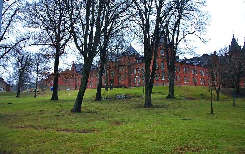 Fritt liggande en bit utanför den ursprungliga militära anläggningen omringas sjukpaviljongen av träd och växtlighet, även här är alltså grönområdet påtagligt och karaktärsskapande.