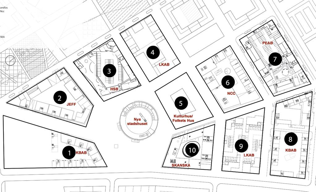 Kvarteren närmast stadshuset Exploatörer: Kv. 1 Kirunabostäder AB Kv. 2. K2A/JEFF Kv. 3. HSB Kv. 4. LKAB Kv. 5.