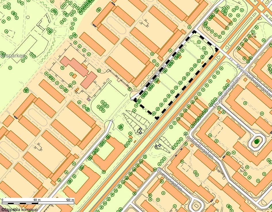 Planområdet ligger mellan Väktargatan och Råbyvägen, på bilden markerat med svart streckad linje. Areal Planområdet omfattar cirka 4 500 m 2.