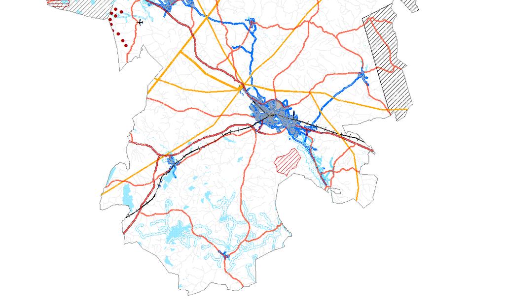 5. Infrastruktur Be ntliga vindkraftverk Tätort Allmän väg klass 1 Privat ygplats Transformator Kraftledning, region Järnväg Skyddsområde, linje Vattenskyddsområde Riksintresse