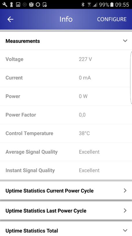 Info om armatur Engelska: Device information Tillverkare Modell ID-nummer Mac-adress Mjukvara Hårdvara Mätningar Engelska: Measurements Spänning Ström Effekt