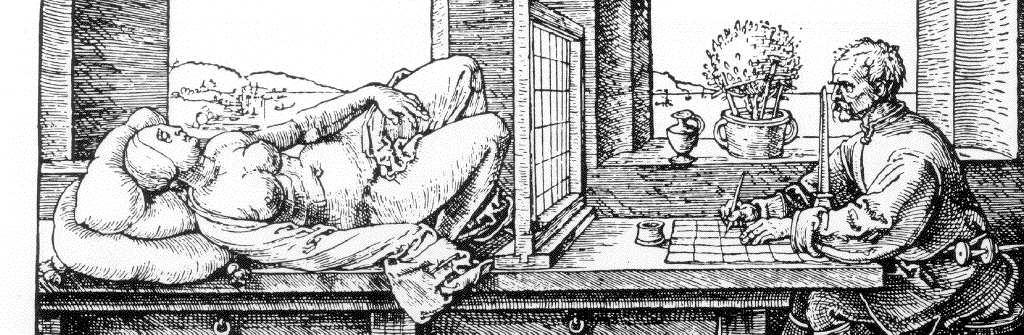 26KAPITEL 3. DIFFERENTIALKALKYL FÖR VEKTORVÄRDA FUNKTIONER Figur 3.2: Perspektivavbildning illustrerad av renässanskonstären Dürer.