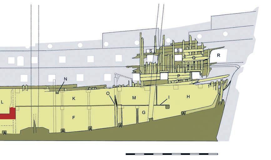 vraket 0 10 m Fig. 6.4. Rekonstruerad genomskärning längdskepps. Stävarnas form liksom däckens höjd och språng följer Hugo Åkermarks uppmätning av modellen Ö 3 (SMM Inv nr ÖR 759_1).