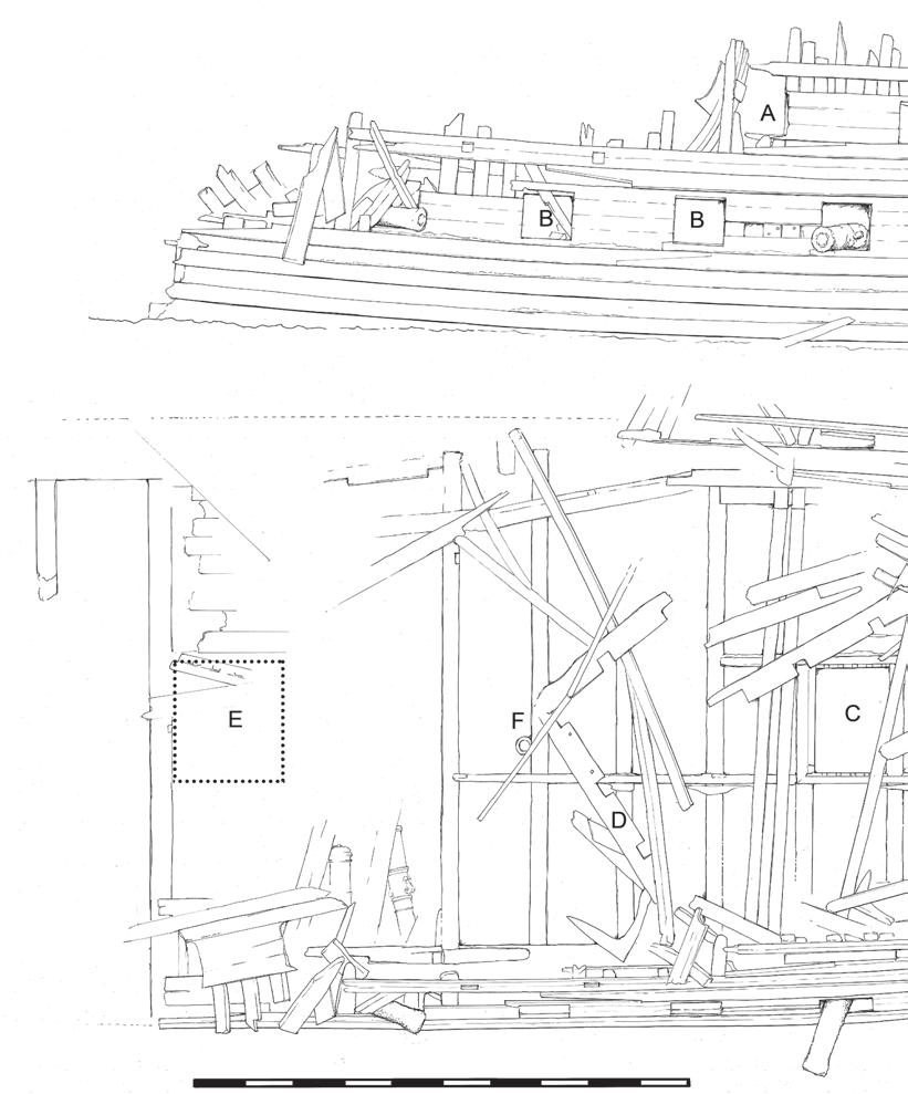 0 10 m Fig. 6.10. Svärdets minst sagt skamfilade skrov visar tydliga spår av den våldsamma strid som sänkte skeppet.