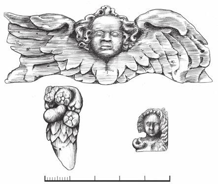 riksäpplet 0 0,5 m Fig. 6.17. Några av de ornament som suttit som dekoration i Riksäpplets kajuta. Såväl ängeln som blomsterornamentet är påfallande lika de ornament som lyfts från skeppet Kronan.