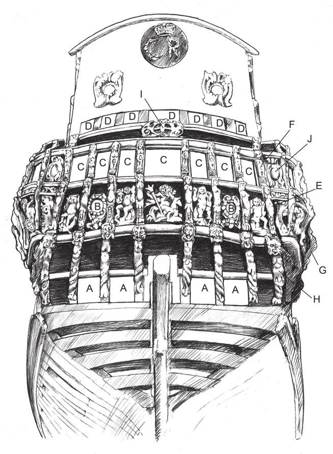 Fig. 7.4. Akterspegeln på modellen Ö 3, som troligtvis använts som förlaga till bildverket på Riksäpplet.