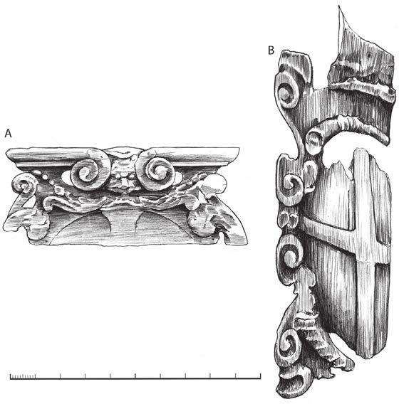 riksäpplet 0 1 m Fig. 7.12. Stående karyatider och breda horisontella lister delade upp aktern i olika rutor som antingen fylldes upp med fönster eller med olika ornament.