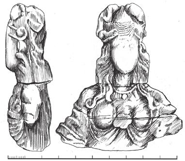 riksäpplet Fig. 7.16. Bysten som avbildar en figur med plymförsedd hjälm och långt lockigt hår har bärgats från Kronan och avbildar eventuellt den romerska gudinnan Minerva.