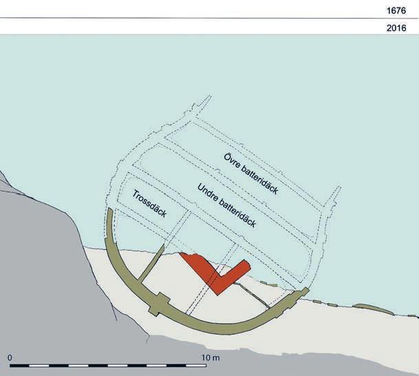 riksäpplet Fig. 3.2. Riksäpplet lade sig tillrätta med ungefär 35 graders slagsida åt styrbord. Den schematiska skissen återger ett tvärsnitt midskepps vid resterna av tegelkabyssen.