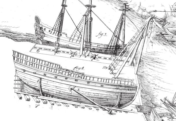 mästare och manér skeppsbyggeri under 1600-talet Fig. 5.4. Ett skepp som är färdigt att löpa av stapeln. Redigerad detalj efter Rålamb 1691, Tafl. I.