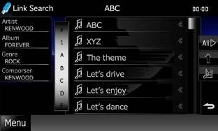 CD/Audio och Visual Files/iPod/App-användning Kategorisökning (endast USB-enhet och ipod) 1 Tryck på önskad kategori på skärmens vänstra del.