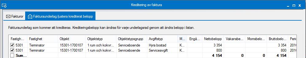 kreditera en del av fakturan klickar du på fliken Fakturaunderlag/justera krediterat