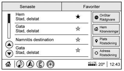 Navigation med köranvisningar Peka på funktionen för köranvisningar och välj mellan favoriter och senaste destinationer.