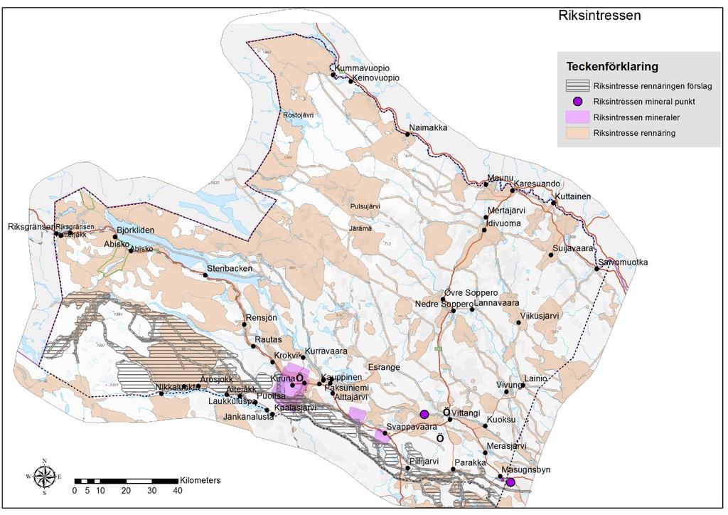 Bild 12.3 Riksintresse rennäring MB 3:5 och värdefulla ämnen och material MB 3:7 Naturvård och friluftsliv Stora områden för naturvård finns i älvdalarna och sammanfaller med riksintresse friluftsliv.
