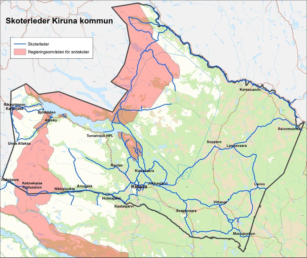 Bild 5.1.1 Kommunala och statliga skoterleder inom kommunen. Kirunaborna strövar också fritt eller åker skoter utanför etablerade leder, ofta i samband med jakt, fiske eller bärplockning.