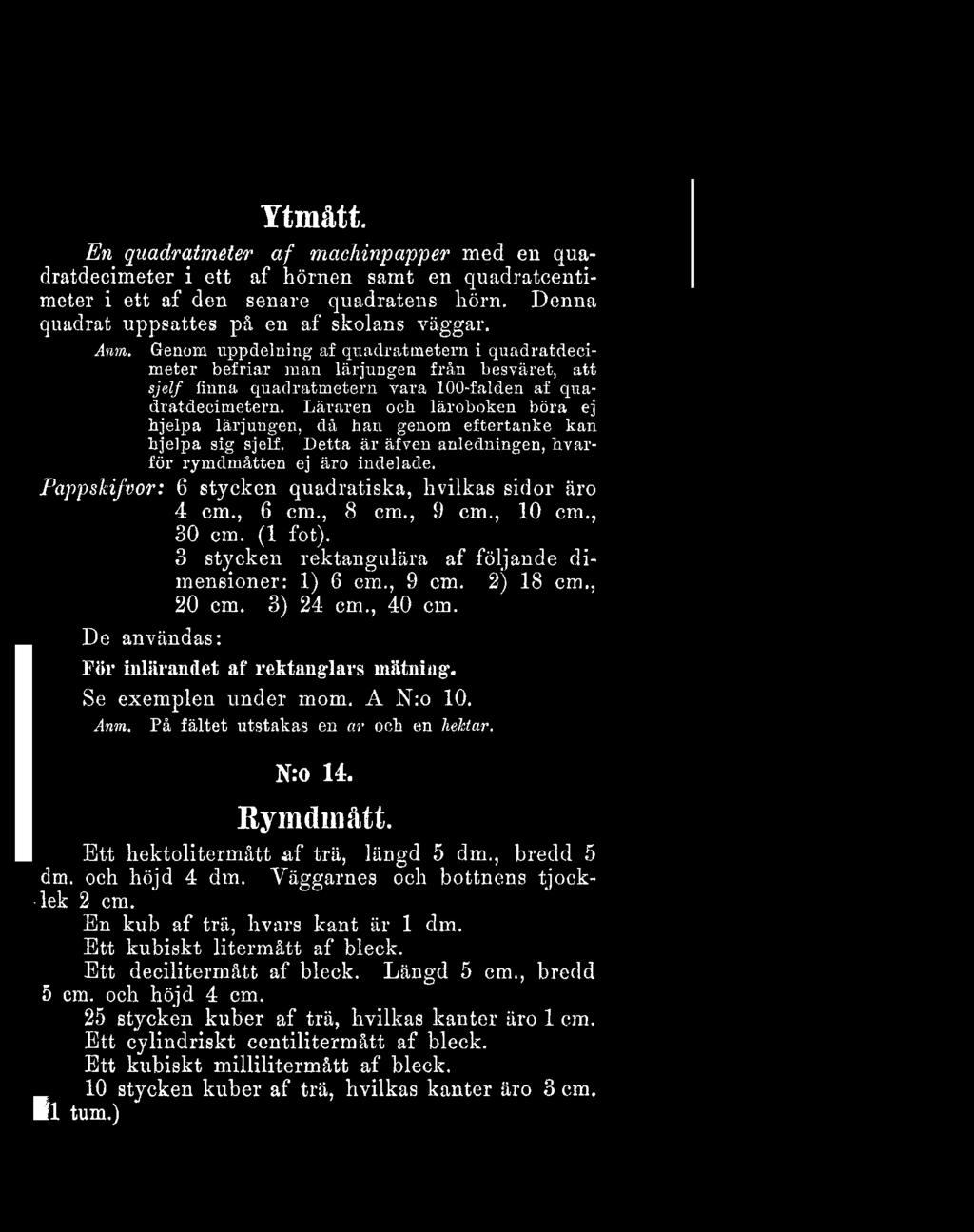 Ytmått. En quadratmeter af machinpapper med en quadratdecimeter i ett af hörnen samt en quadratcentimeter i ett af den senare quadratens hörn. Denna quadrat uppsattes på en af skolans väggar. Anm.