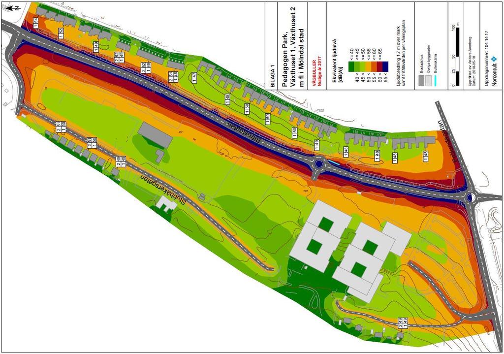 Störningar och risker Trafikbuller Planområdet drar stora fördelar av närheten till flera större kommunikationsstråk, men läget medför också nackdelar i form av exponering för buller.