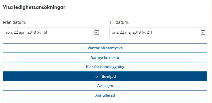 Ledighetsansökan Skoladministratören kan se de ledighetsansökningar som har skapats och kan även skapa en ledighetsansökan på uppdrag av vårdnadshavare.