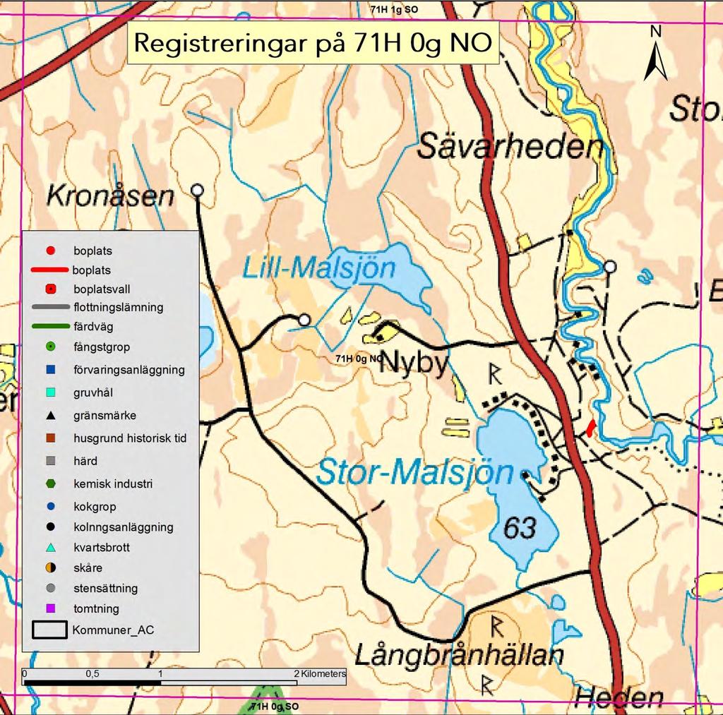 71H 0g NO Karta 3. Granskade lämningar inom kartbladet 71 H 0g NO.