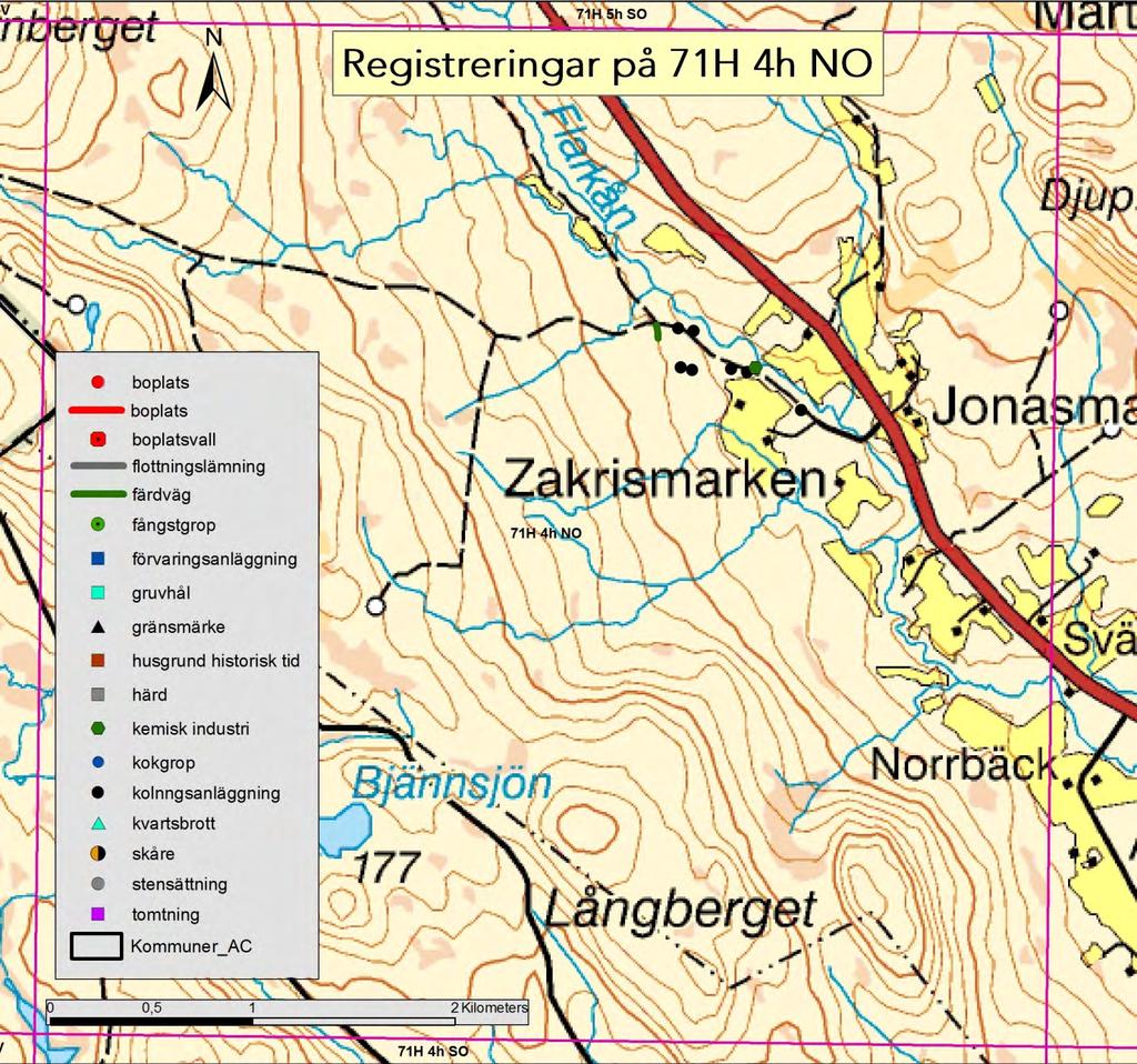 71H 4h NO Karta 5. Granskade lämningar inom kartbladet 71H 4h NO.