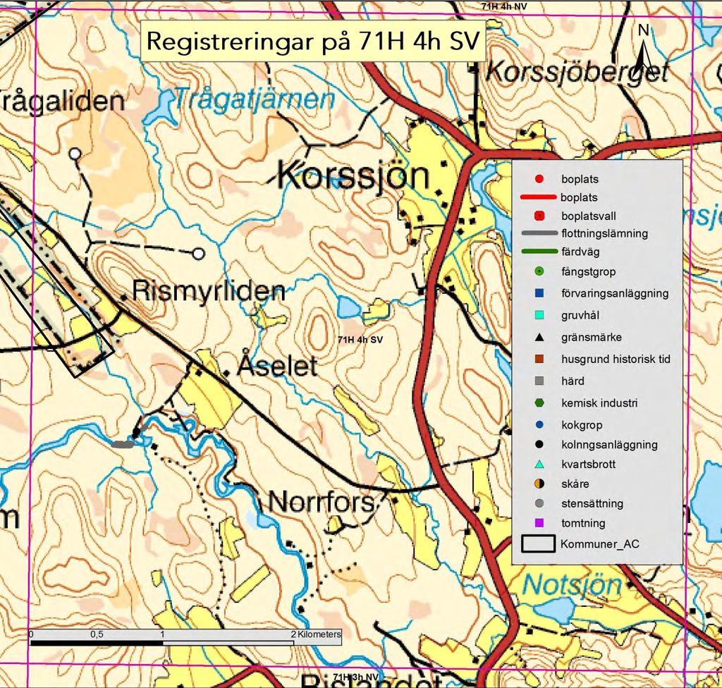 71H 4h SV Karta 6. Granskade lämningar inom kartbladet 71H 4h SV.