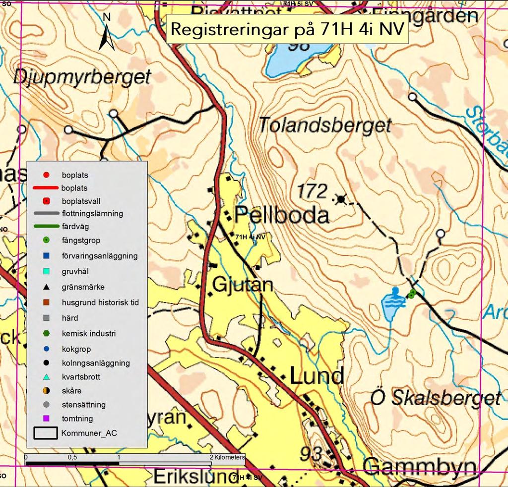 71H 4i NV Karta 7. Granskade lämningar inom kartbladet 71H 4i NV.