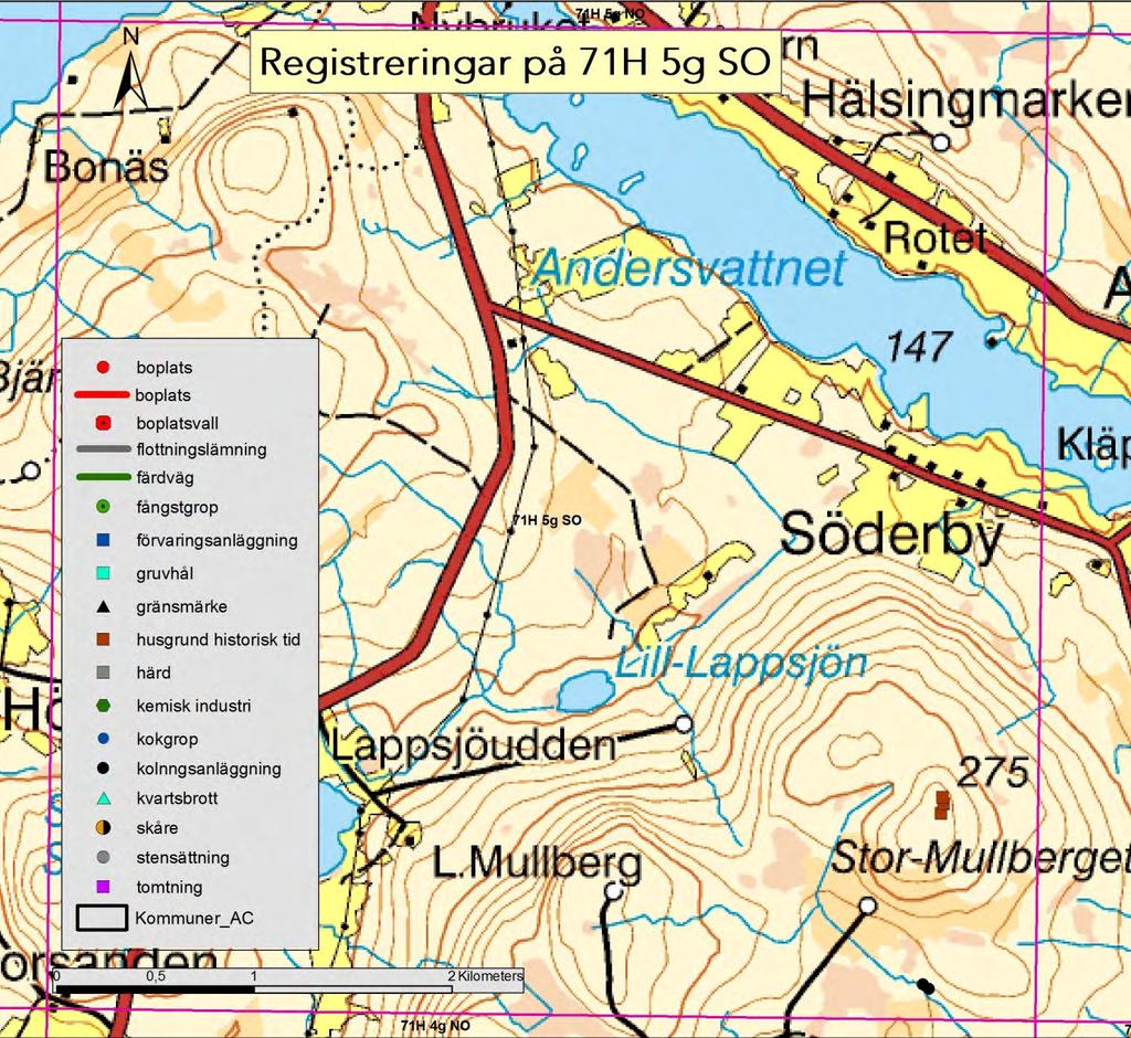 71H 5g SO Karta 8. Granskade lämningar inom kartbladet 71H 5g SO.
