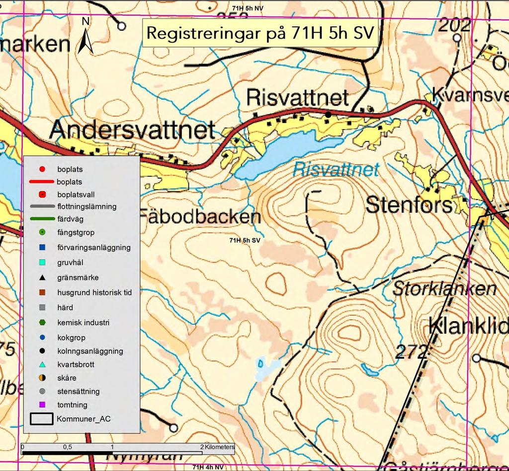 71H 5h SV Karta 9. Granskade lämningar inom kartbladet 71H 5h SV.