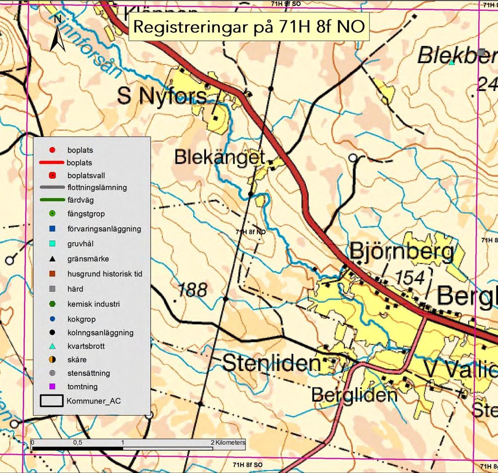 71H 8f NO Karta 11. Granskade lämningar inom kartbladet 71H 8f NO.