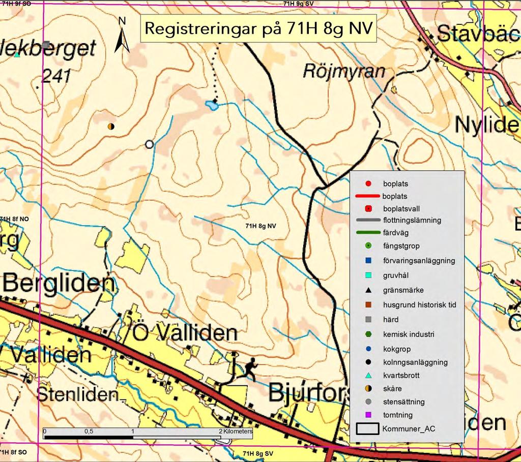 71H 8g NV Karta 12. Granskade lämningar inom kartbladet 71H 8g NV.