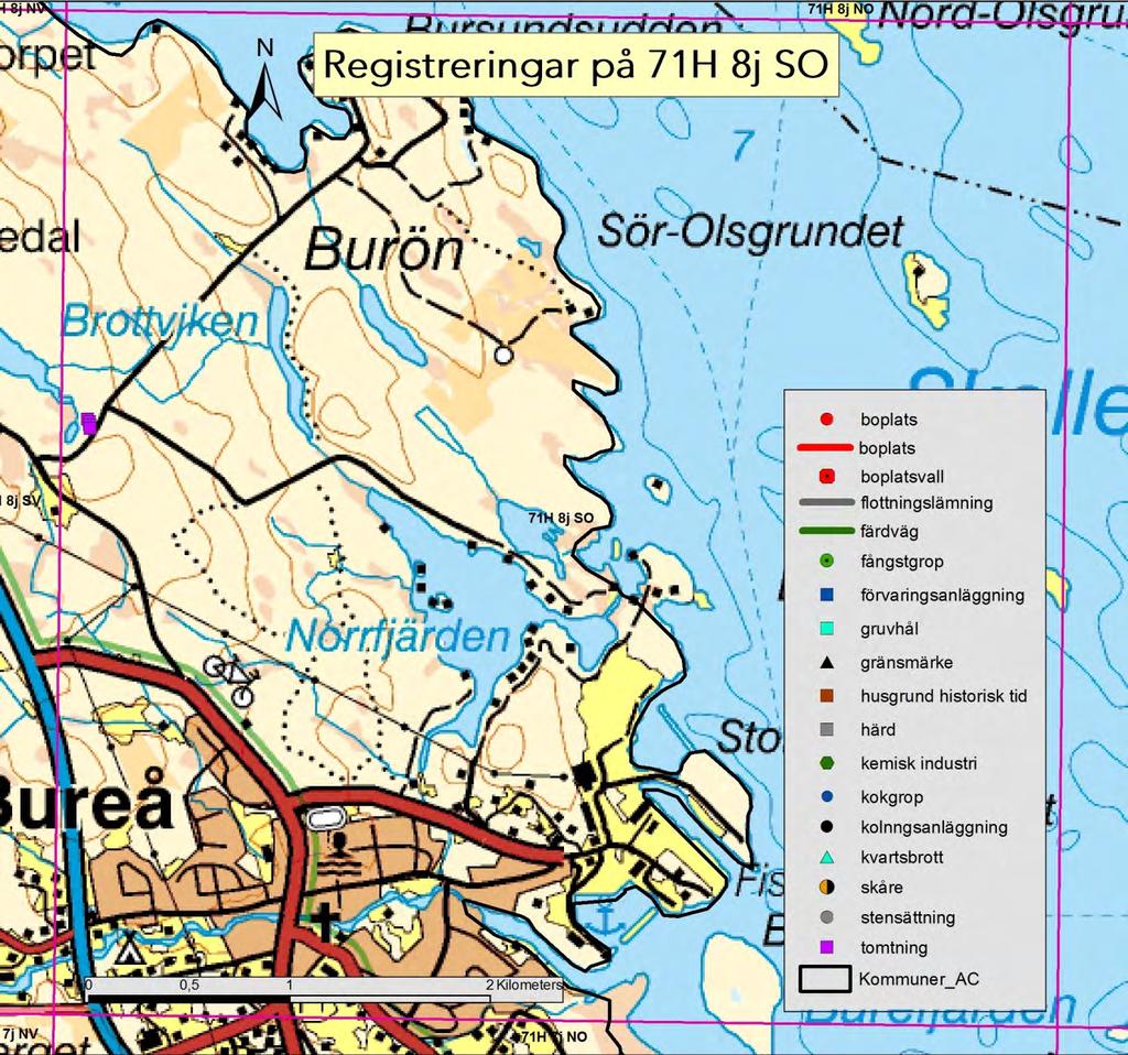 71H 8j SO Karta 13. Granskade lämningar inom kartbladet 71H 8j SO.