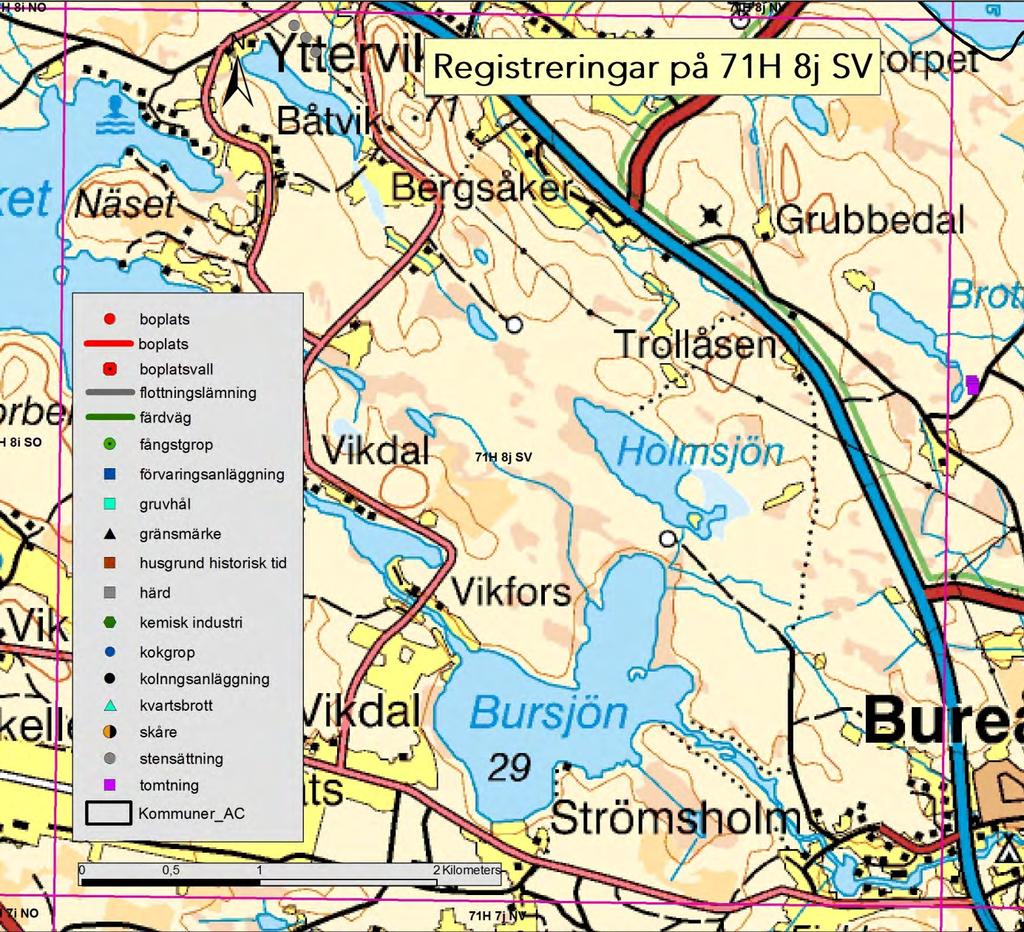 71H 8j SV Karta 14. Granskade lämningar inom kartbladet 71H 8j SV.