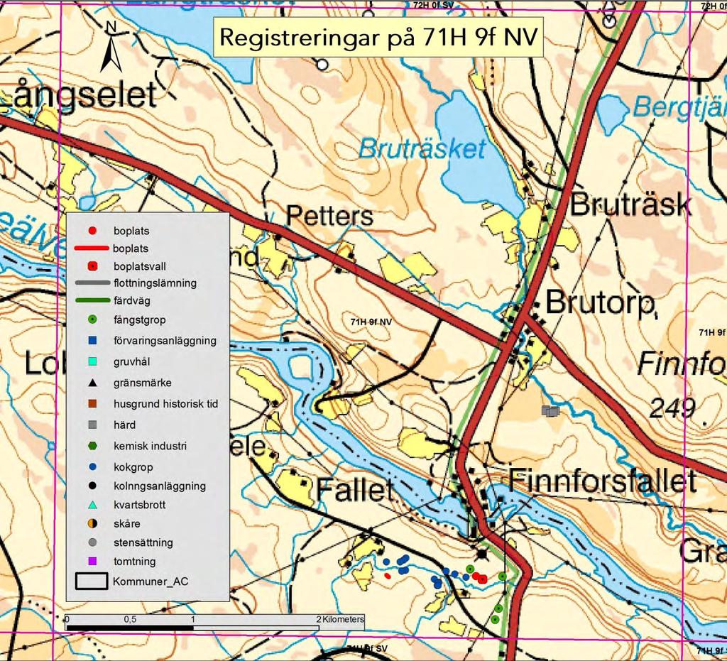 71H 9f NV Karta 15. Granskade lämningar inom kartbladet 71H 9f NV.