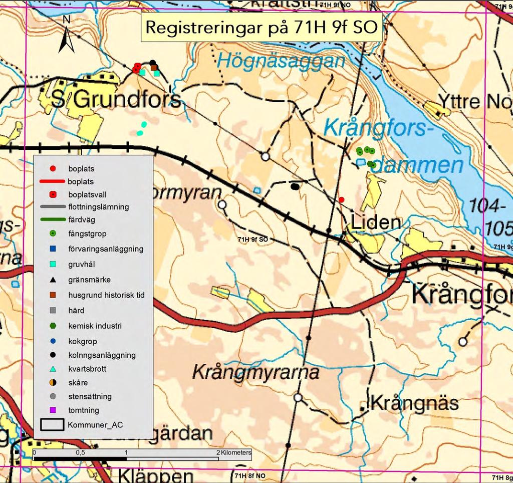 71H 9f SO Karta 16. Granskade lämningar inom kartbladet 71H 9f SO.
