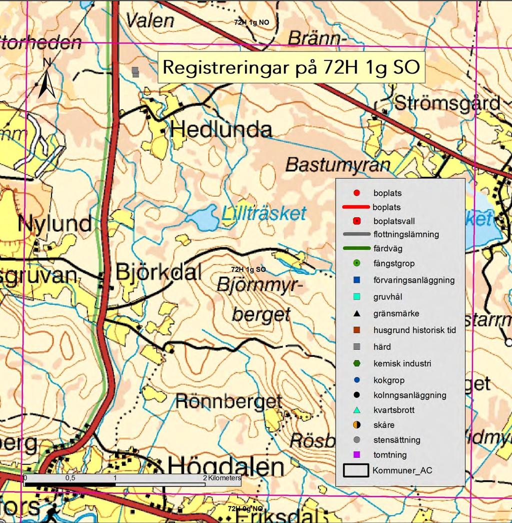 72H 1g SO Karta 17. Granskade lämningar inom kartbladet 72H 1g SO.