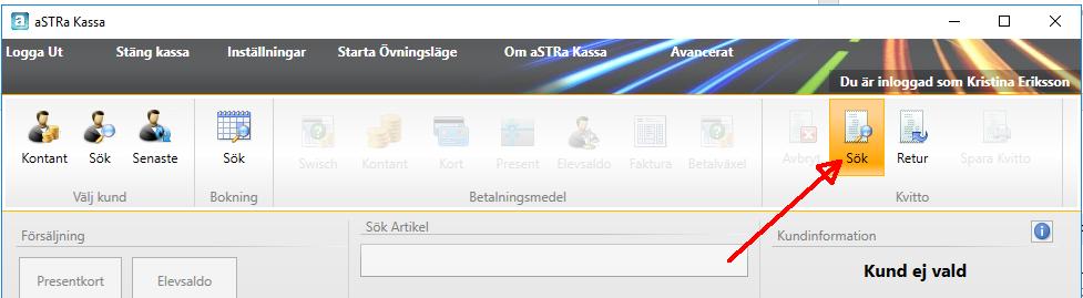 När man klickar på knappen Returnera kvitto öppnas det valda kvittot upp i kassan med omvända värden och betalsätt (för mer information om hur man söker upp kvitto i kassan se kap 1.3.