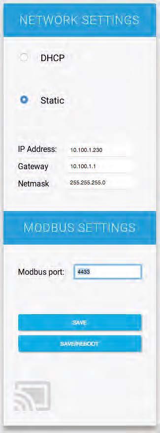 Sida 11 Konfigurering Ändra Nätverksinställningar och Modbus Port Det är möjligt att ändra enheten att antingen använda DHCP- adressering eller statisk IP-adress. 1. Ange adressen http://192.168.0.