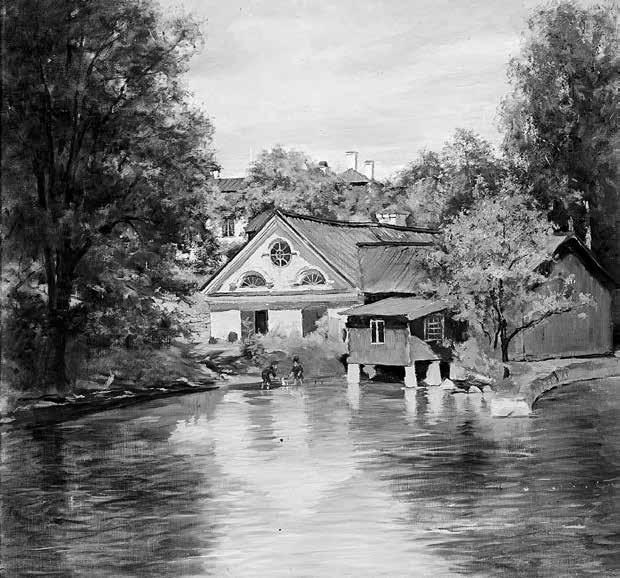 Vad är gruvuppdraget? Oljemålning från 1908 föreställande smedjan i Ängelsberg, Västmanland. Målning av Ernst Lundström. Bilden är beskuren. Jernkontorets bildbank.