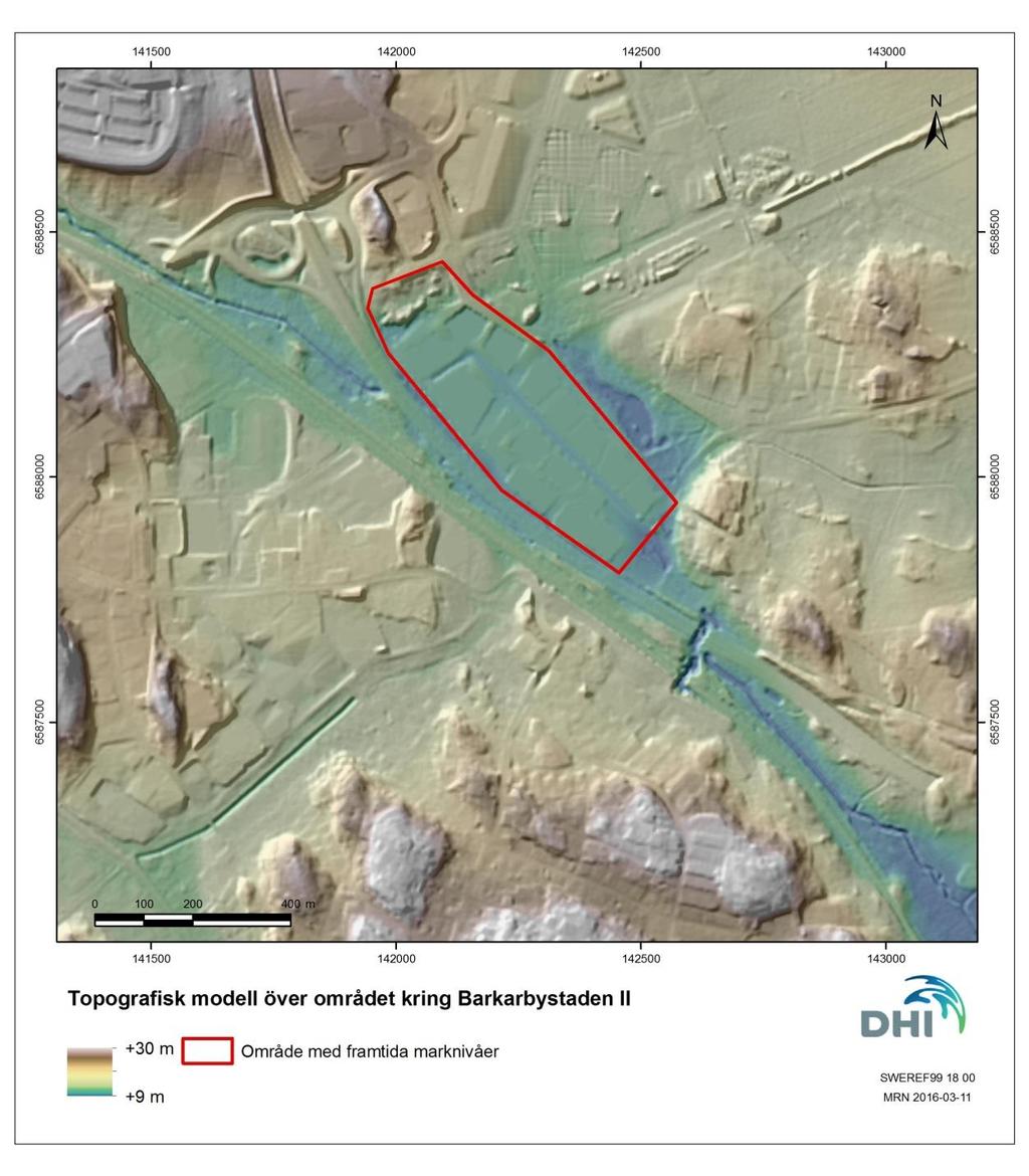 Figur 4. Terrängmodell för beräkning av marköversvämningar, baserad på föreslagna markhöjder för Barkarbystaden II (rödmarkerat område) samt laserscannad höjddata.