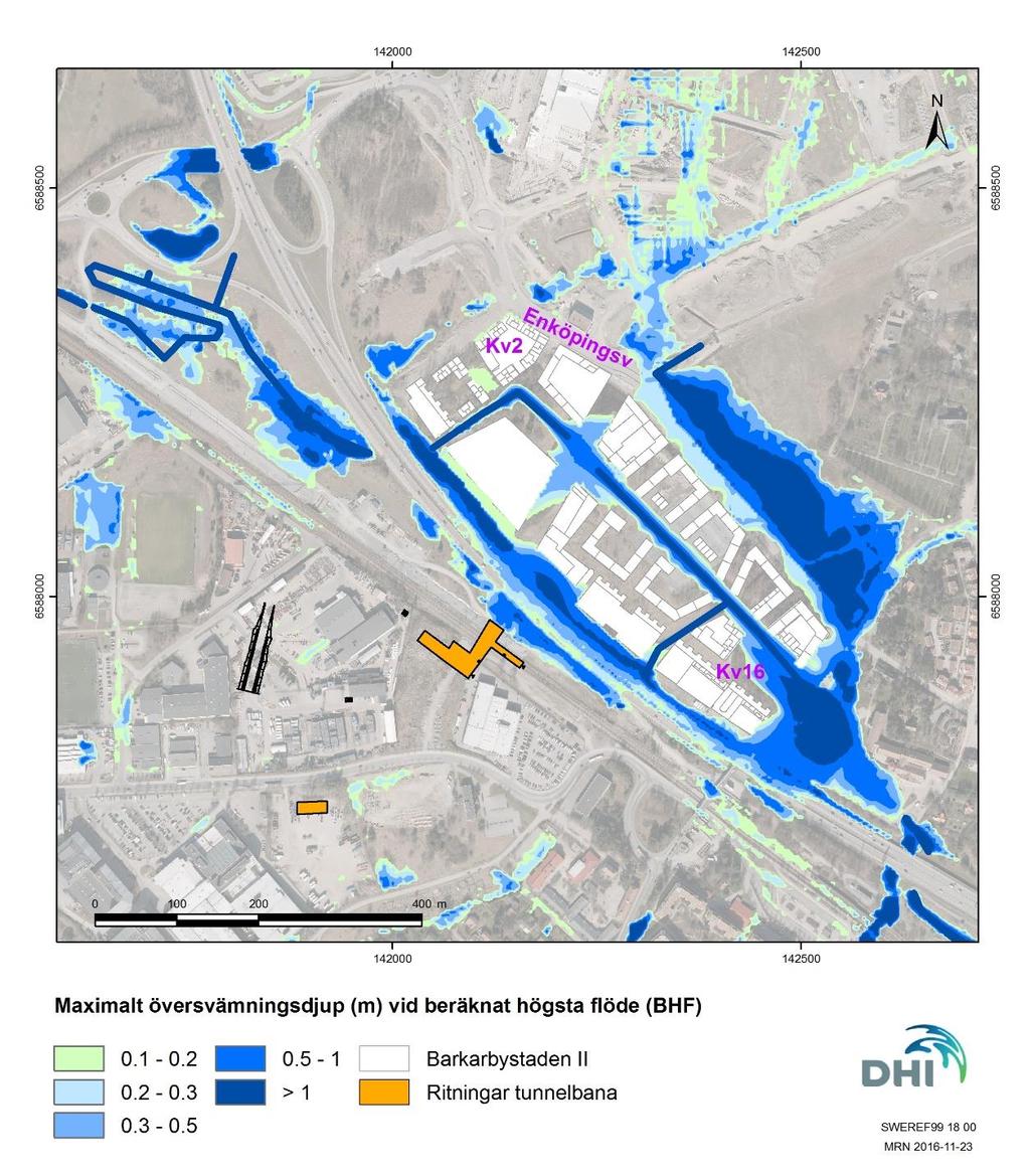 Resultat och kommentarer Figur 14. Beräknade maximala ytöversvämningsdjup vid en BHF-situation för området kring Barkarbystaden II och tunnelbanan.
