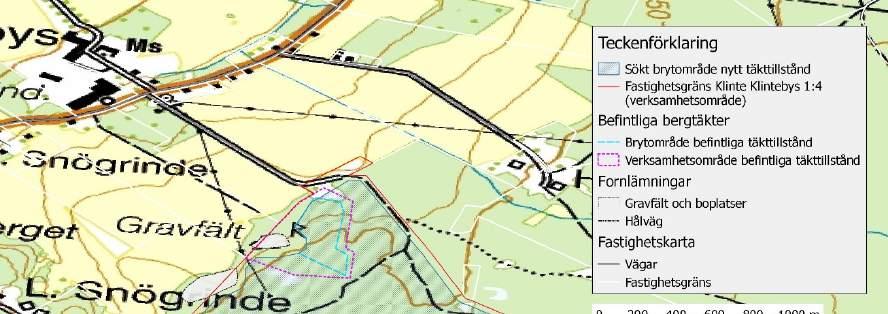 Figur 2: Planerat bryt- och verksamhetsområde. Brytning av kalksten planeras genom att borrdjup och sprängning sker med pallhöjder som varieras beroende på stenens kvalitet och terrängens variationer.