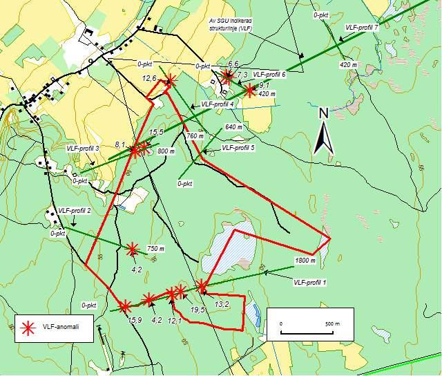 Figur 11: Sju VLF-profiler med uppmätta anomalier, och indikerade lineament från tolkning av höjddata samt flyggeofysik (VLF) enligt berggrundskartan över Gotland (SGU K221, 2011). Se Figur 7.