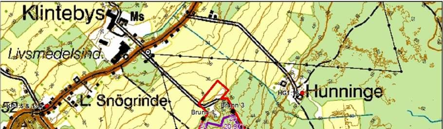 Figur 17: Undersökningsborrhål och brunnar på fastigheten Klinte Klintebys 1:5 samt privata brunnar som
