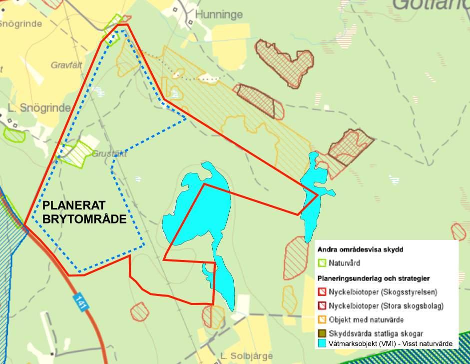Figur 38: Skogliga naturvärden registrerade av Skogsstyrelsen samt riksintressen för naturvård. (karta källa: Skyddad natur, Naturvårdsverket och GeodataKatalogen, Länsstyrelsen). 7.