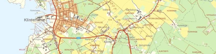 Figur 47: Ungefärlig sträckning (cirka 5,6 km) av en eventuellt bandtransportör från Klintebys stenbrott till hamnen i Klintehamn.