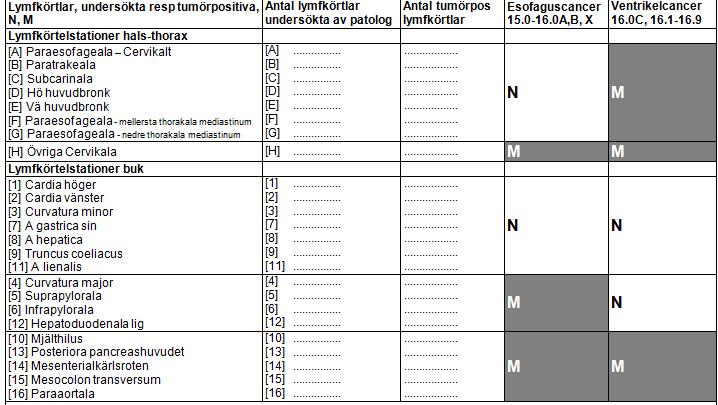 Lymfkörtlar Välj undersökta lymfkörtlar Ange lymfkörtelstationer och därefter Antal lymfkörtlar undersökta av patolog och Antal tumörpositiva lymfkörtlar för varje station.