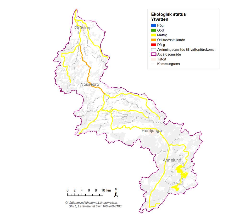 Figur 1. Ekologisk status för ytvatten i Nossans åtgärdsområde. Källa: VISS 2015-08-15. www.viss.lansstyrelsen.