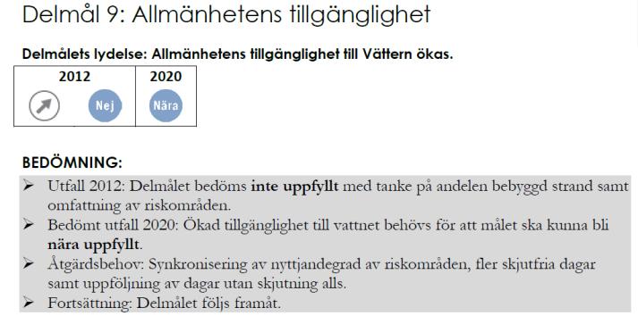 området. Figur 3. Bedömt utfall/uppfyllelsegrad, av miljömålet God Bebyggd Miljö, delmål 9, i Vattenvårdsplan för Vättern.